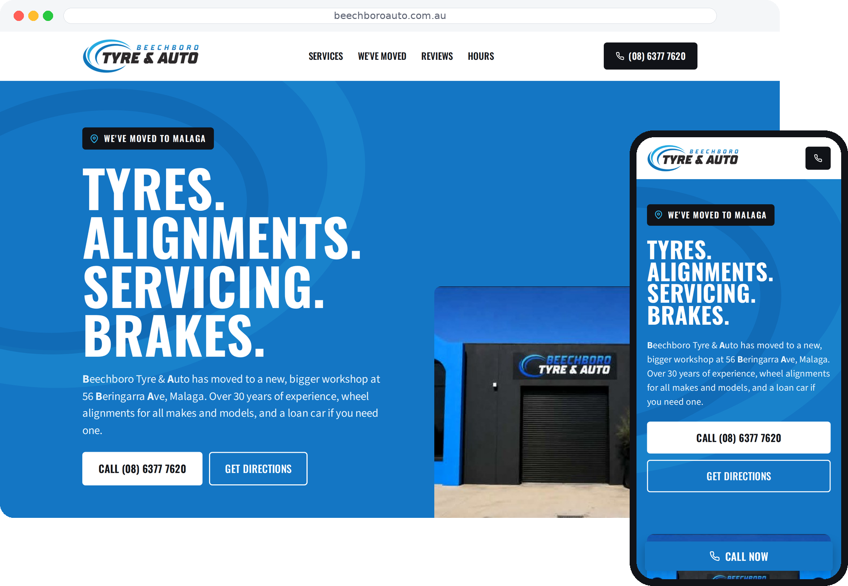 The Beechboro Tyre & Auto website shown on a laptop and a phone
